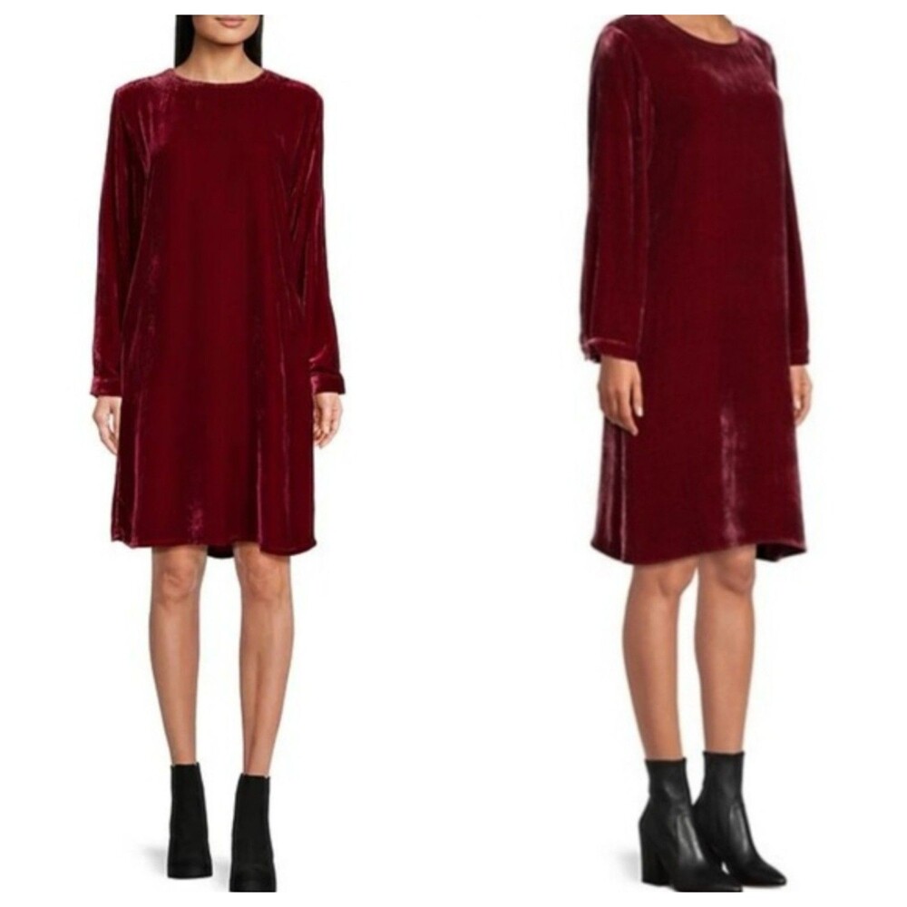 Eileen Fisher Velvet Silk Crew Neck Long Sleeve Shift Dress Sz S event holiday